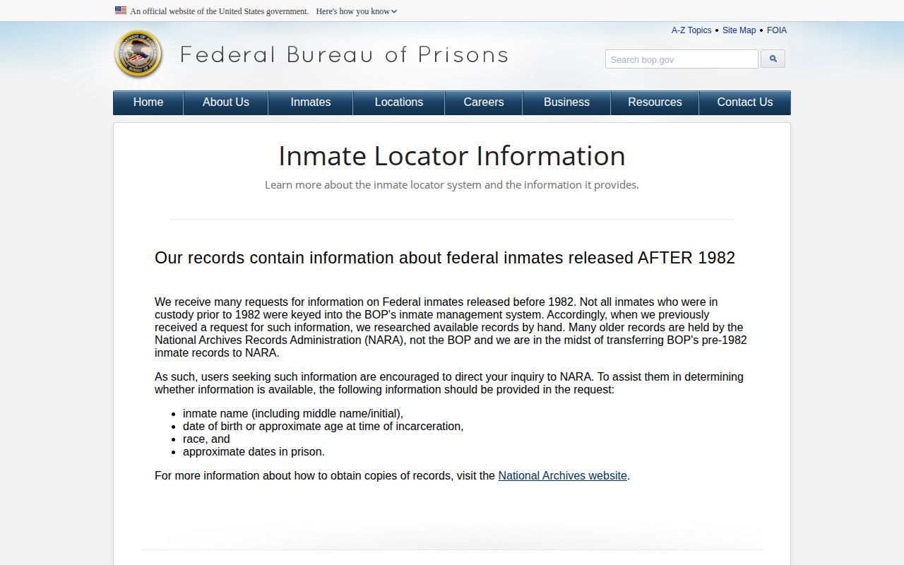BOP release status field guide for Levy County federal release records