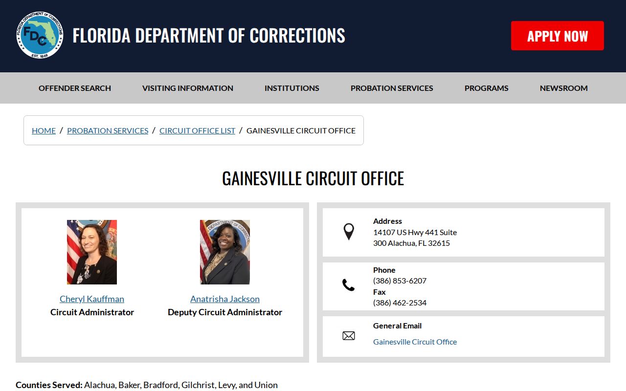 FDC Circuit 8 office information for Levy County release supervision