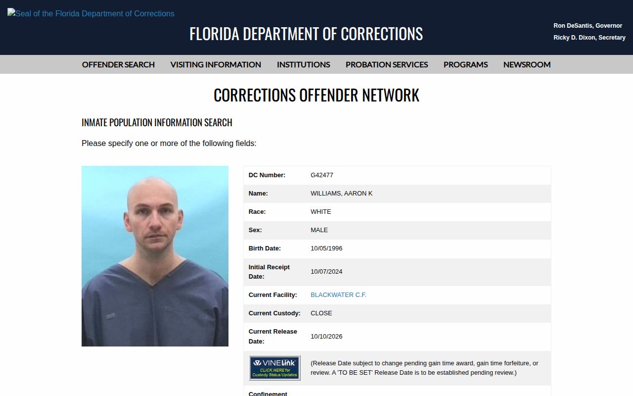 Levy County projected release date shown in an FDC active inmate detail