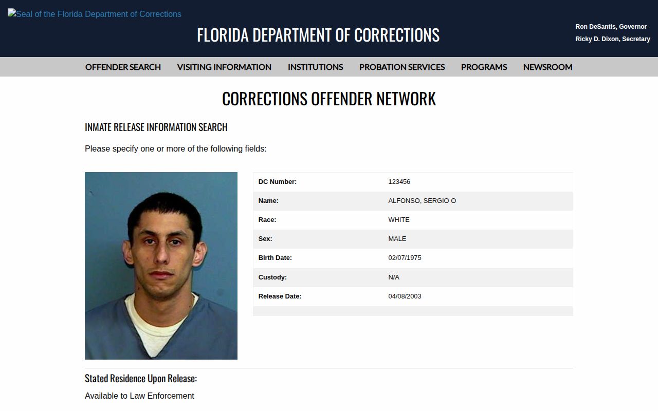 Florida Department of Corrections released offender record for Levy County release lookup