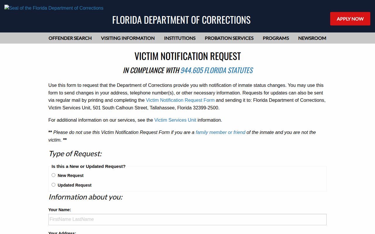Florida FDC notification request for Levy County inmate release alerts