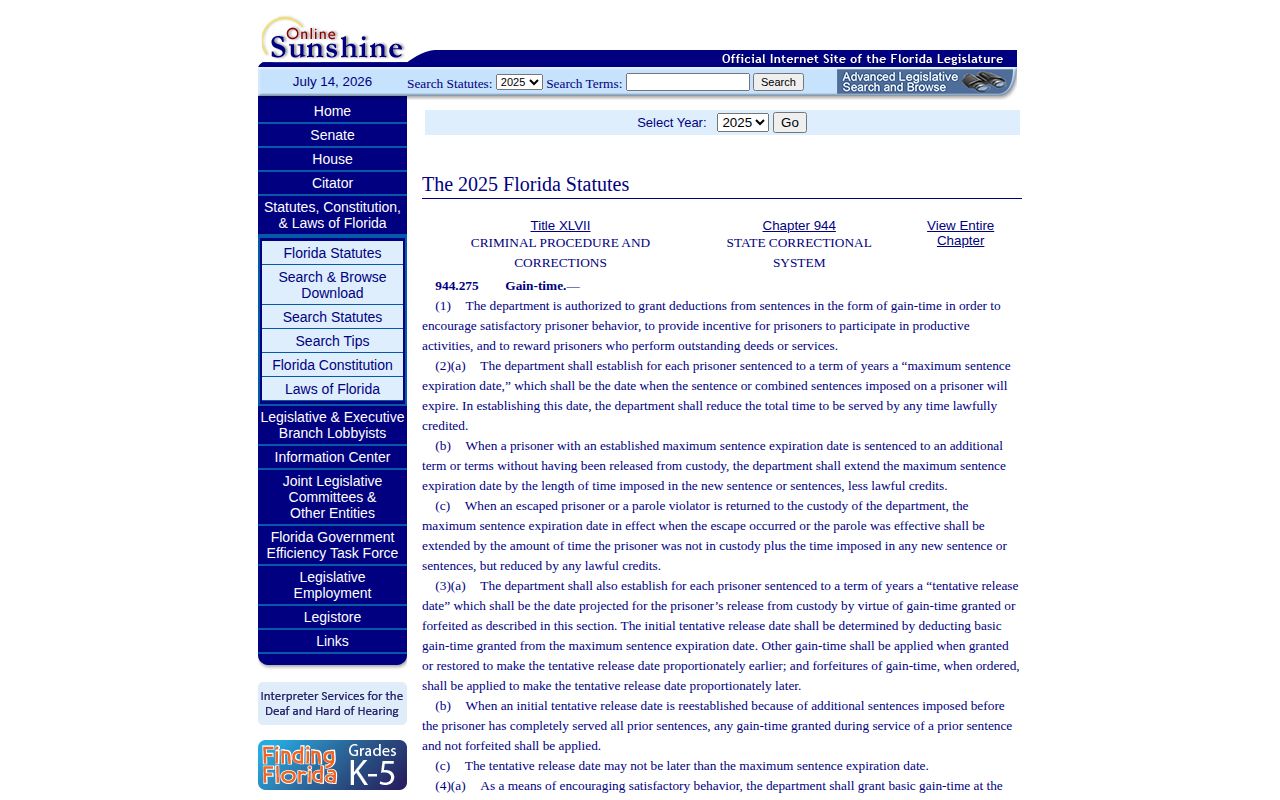 Florida gain-time statute governing Levy County projected prison release dates